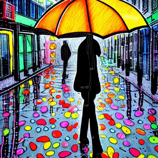 Image similar to small street full of neon light banners, multi colored pebbles on the road, a man with a black umbrella walks towards a young lady robot, rainy day, stylographic drawing style, kurekolor