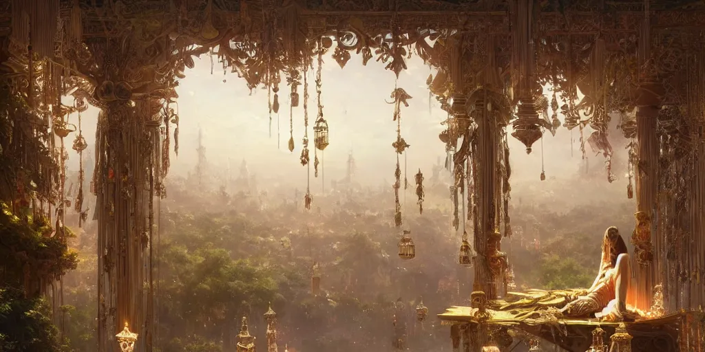 Image similar to painting of a god of wind enjoying his ornate heavenly palace, decorated with windchimes and paper lanterns, stunning nature in background, cinematic, 8 k, hyper detailed, art by greg rutkowski