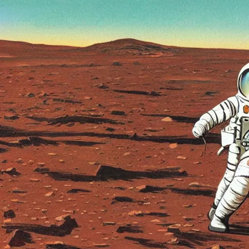 Prompt: astronaut walking on Mars with a rover in the background, Vintage Magazine Illustration