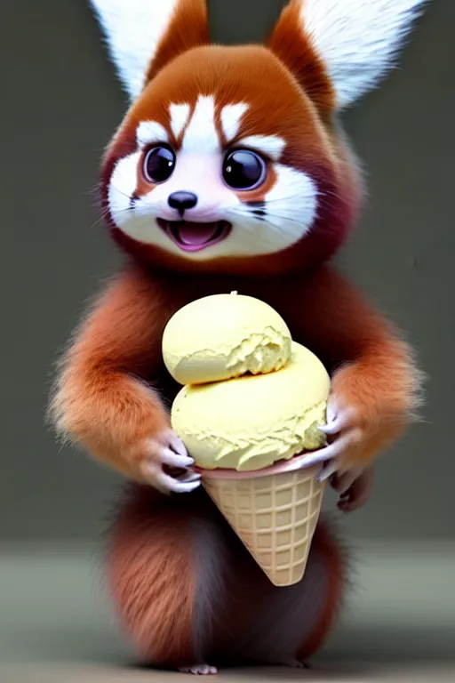 Image similar to high quality 3 d render hyperrealist very cute pastel fluffy! red panda & tarsier hybrid suspicious eating giant ice cream, vray smooth, in the style of detective pikachu, hannah yata charlie immer, very dramatic light, low angle, uhd 8 k, shallow depth or field