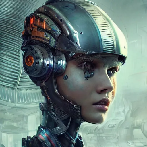 Image similar to Futuristic female soldier with open helmet in armour standing in a machine city with alien plants, portrait, highly detailed, fractals, ornate, cinematic, 8k, by Stanley Artgermm, Tom Bagshaw, Greg Rutkowski, Carne Griffiths, Ayami Kojima, trending on DeviantArt, hyper detailed, full of color, digital art,