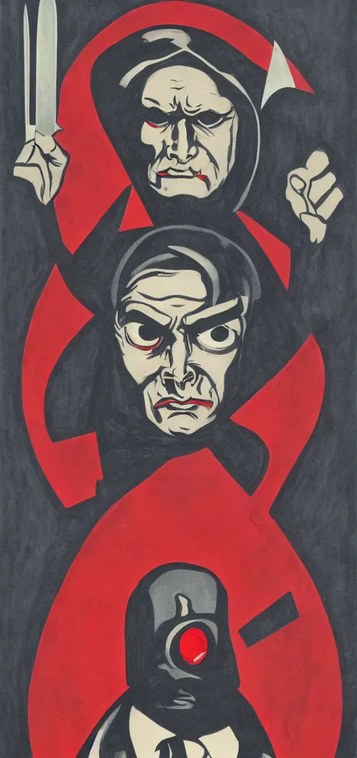 Image similar to mistery man in hood and red eyes with a knife, 1940s propaganda poster, full hd,highly detailed