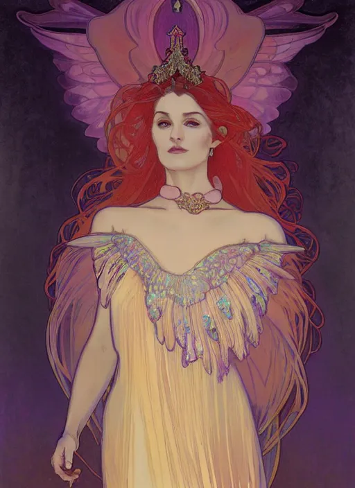 Image similar to ombre velvet gown, alphonse mucha, beautiful elegant woman with glowing wings, portrait, neon outline, long hair, tiara, dozens of jeweled necklaces, by greg rutkowski, brom, anato finnstark