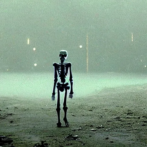 Image similar to a glowing skeleton walking. still from blade runner.