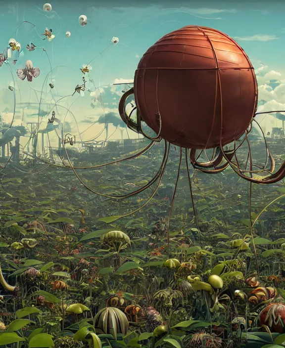 Prompt: simplicity, inflated industrial plant made from isopod wasp octopus, in the style of spaceship, overgrown with orchids, partly cloudy, somber, dramatic lighting, by geof darrow, bill sienkiewicz, dan mumford, yusuke murata, makoto shinkai, ross tran, cinematic, unreal engine, cel shaded, featured on artstation, pixiv