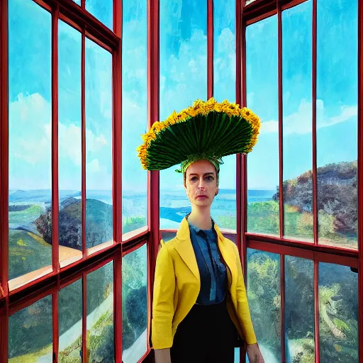 Prompt: giant daisy flower head, woman in suit, standing next to tall modern window in luxury loft, surreal photography, sunlight, impressionist painting, digital painting, artstation, simon stalenhag