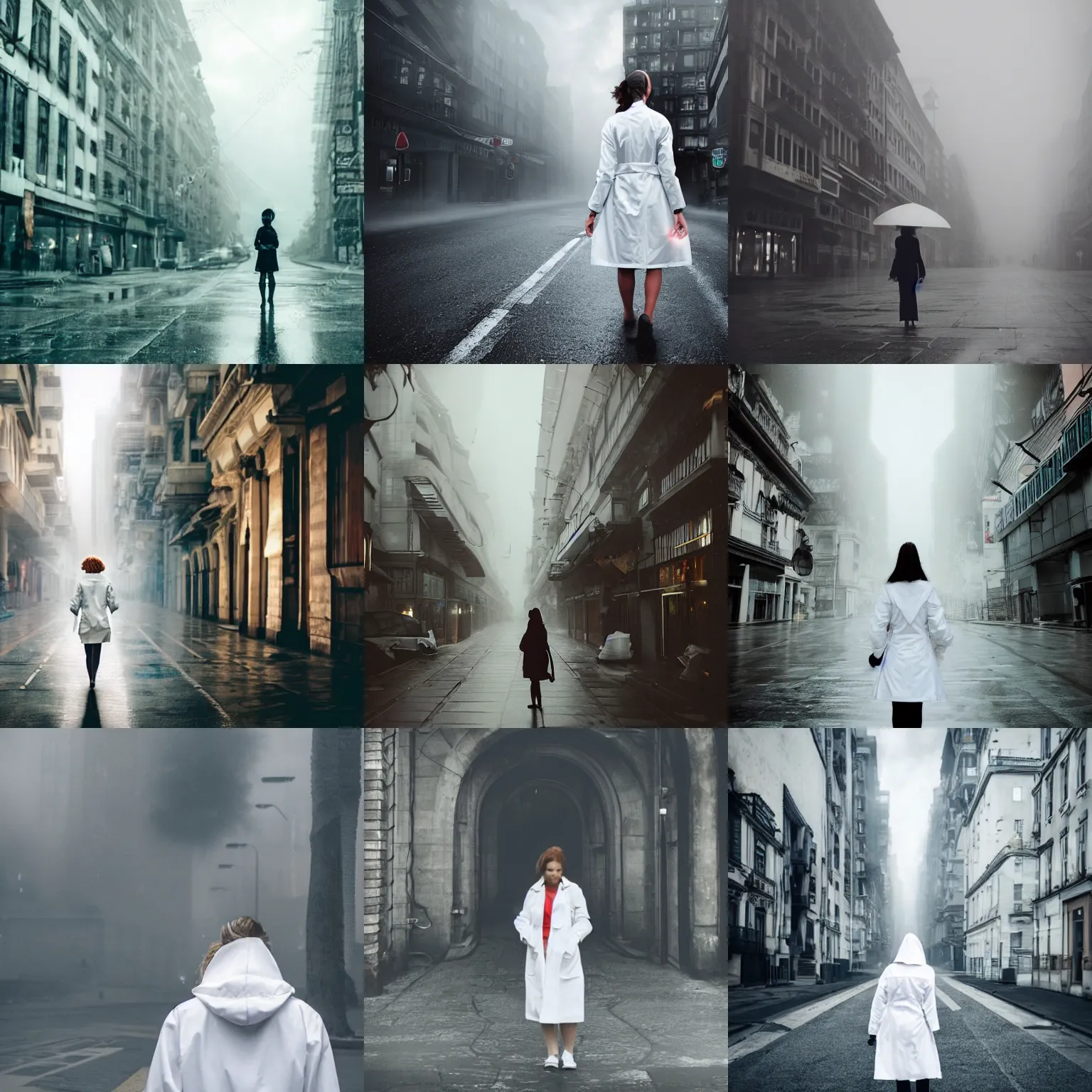 Prompt: woman in a white raincoat on the streets of alien city in the clouds
