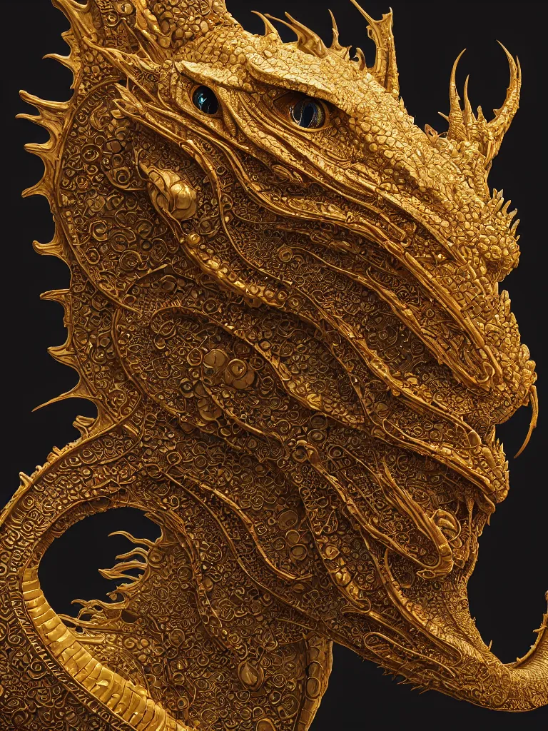 Image similar to close-up portrait dragon head, 3d composition, mucha, New art nouveau, gold betta fish, bioluminescent, intricate artwork by Tooth Wu and wlop and beeple. octane render, trending on artstation, greg rutkowski very coherent symmetrical artwork. cinematic, hyper realism, high detail, octane render, black studio background, 8k