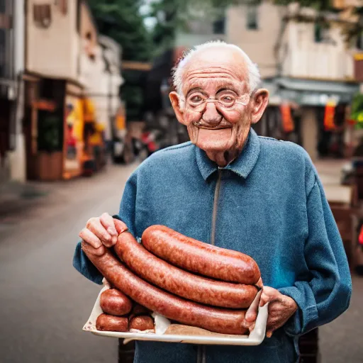 Image similar to An elderly man with sausages in his ears, Canon EOS R3, f/1.4, ISO 200, 1/160s, 8K, RAW, unedited, symmetrical balance, in-frame