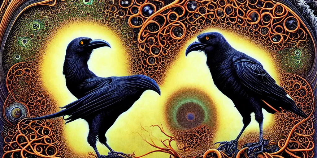 Prompt: artistic drawing of a crow, made of engrenage, surrealism by roger dean and andrew ferez, art forms of nature by ernst haeckel, divine chaos engine, symbolist, visionary, art nouveau, botanical fractal structures, organic, detailed, realistic, surreality