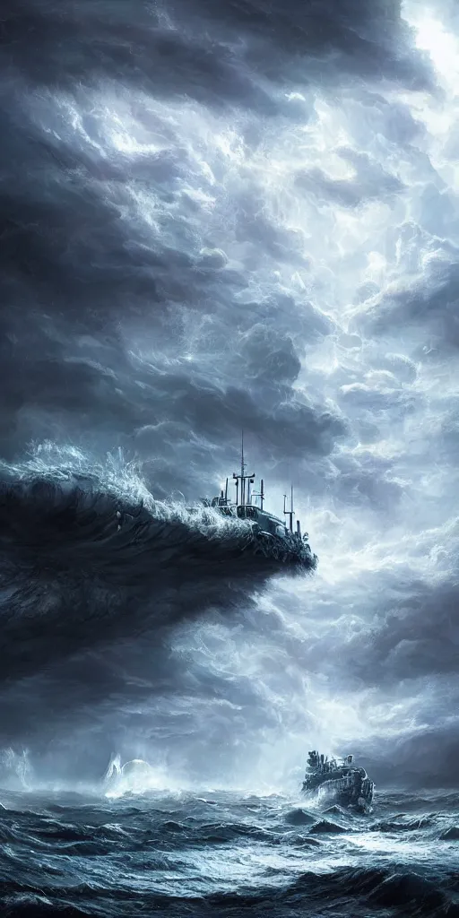 Image similar to scifi barge in turbulent waters in rocky coast, storm in the background, hyper realistic, highly detailed, digital art, apocalyptic, intimidating lighting, raytracing, sharp focus, smooth, romanticism