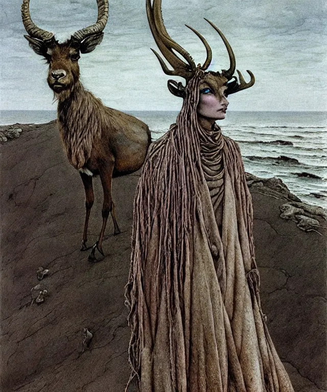 Prompt: A detailed horned antelopewoman stands by the sea. Wearing a ripped mantle, robe, many rings. Hooves, extremely high details, realistic, fantasy art, solo, masterpiece, art by Zdzisław Beksiński, Arthur Rackham, Dariusz Zawadzki