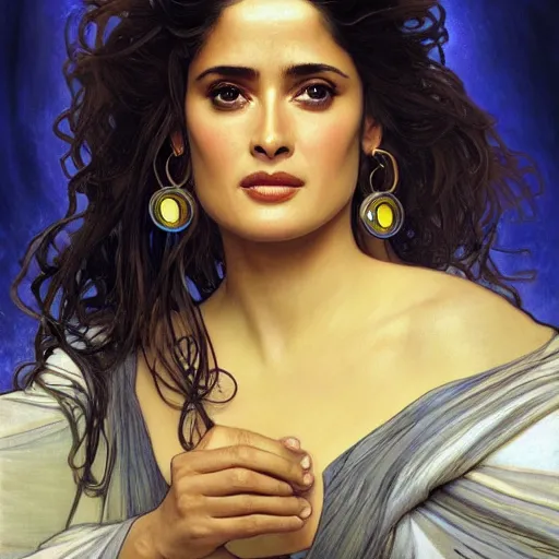 Prompt: salma hayek portrait by alfons mucha, playful, fantasy, medieval, beautiful face, vivid colrs, elegant, concept art, sharp focus, digital art, hyper - realistic, 4 k, unreal engine, highly detailed, hd, dramatic lighting by brom, trending on artstation