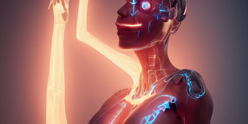 Image similar to female cyborg posing sensual figure x - ray, skeletal, glowing veins under translucent skin, highly detailed skin, bioluminescent, plasma, greg rutkowski, 8 k trending on artstation