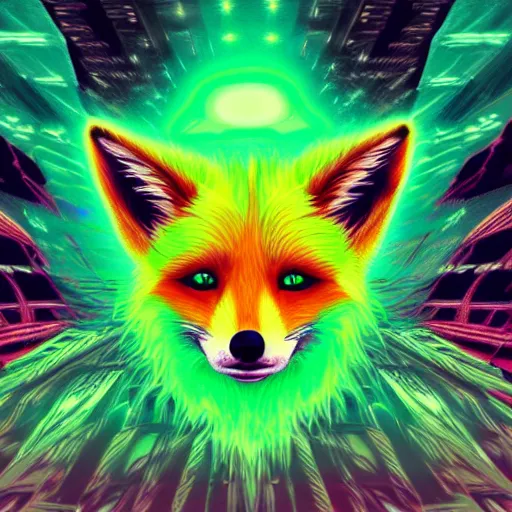 Prompt: digital very very green green fox, retrowave palette, digital world, highly detailed, electric breeze, anatomically correct vulpine, synth feel, fluffy face, ear floof, flowing fur, super realism, accurate animal imagery, 4 k digital art