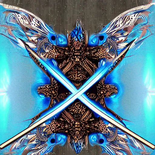 Image similar to magical katana with blue flames running up and down the blade, digital art, intricate design, vivid