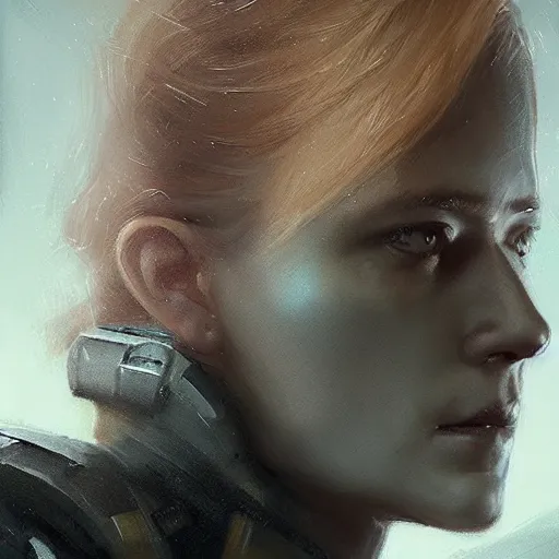 Prompt: portrait of a woman by greg rutkowski, she looks like mackenzie davis but old, impeccable military composure, wearing tactical gear of the galactic alliance, star wars expanded universe, she is about 6 0 years old, highly detailed portrait, digital painting, artstation, concept art, smooth, sharp foccus ilustration, artstation hq