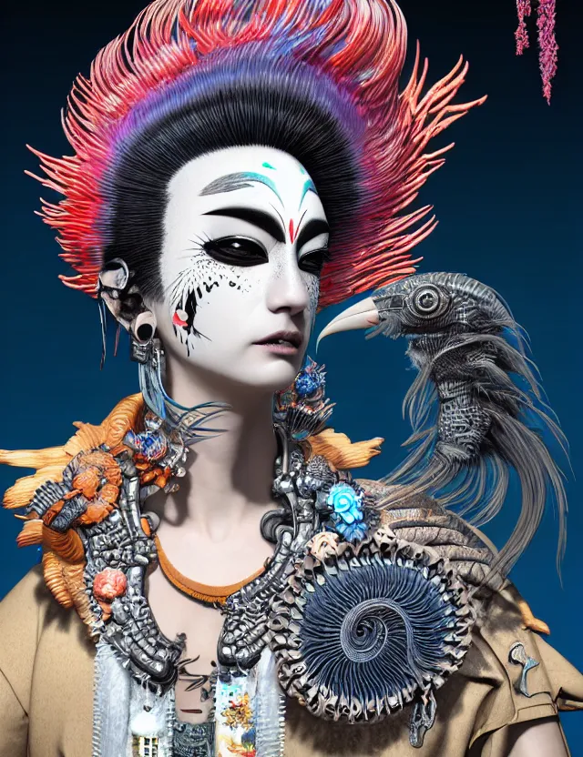 Image similar to 3 d coherent goddess close - up profile portrait punk with mohawk with ram skull. beautiful intricately detailed japanese crow kitsune mask and clasical japanese kimono. betta fish, jellyfish phoenix, bio luminescent, plasma, ice, water, wind, creature, artwork by tooth wu and wlop and beeple and greg rutkowski