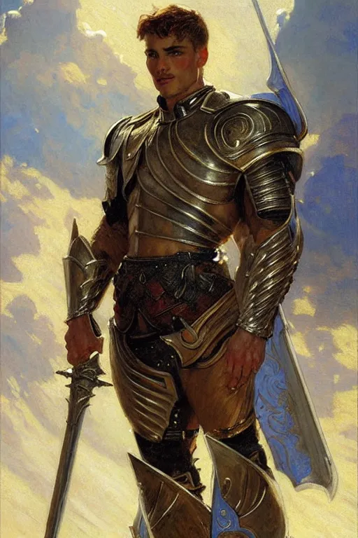 Prompt: attractive male with armor, character design, painting by gaston bussiere, craig mullins, j. c. leyendecker, tom of finland