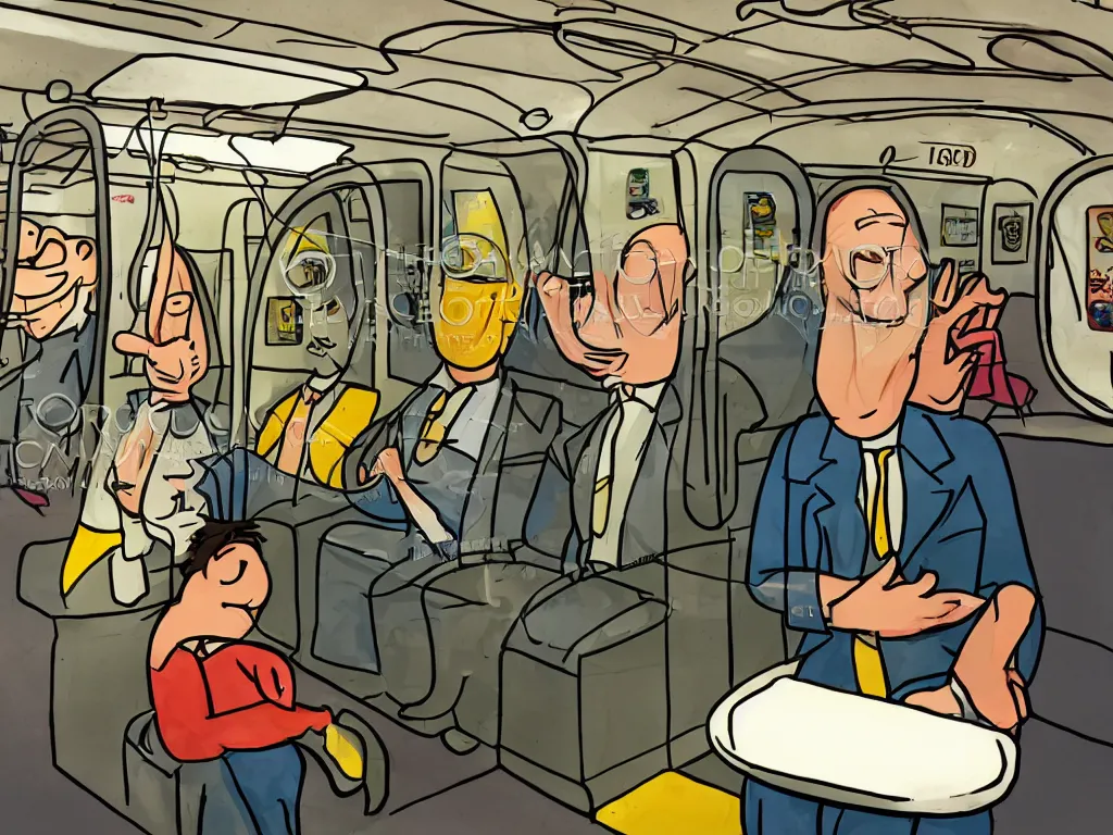 Prompt: (a flat shaded cartoon man in the style of Berkeley breathed), (sitting in a photo real Chicago subway car)