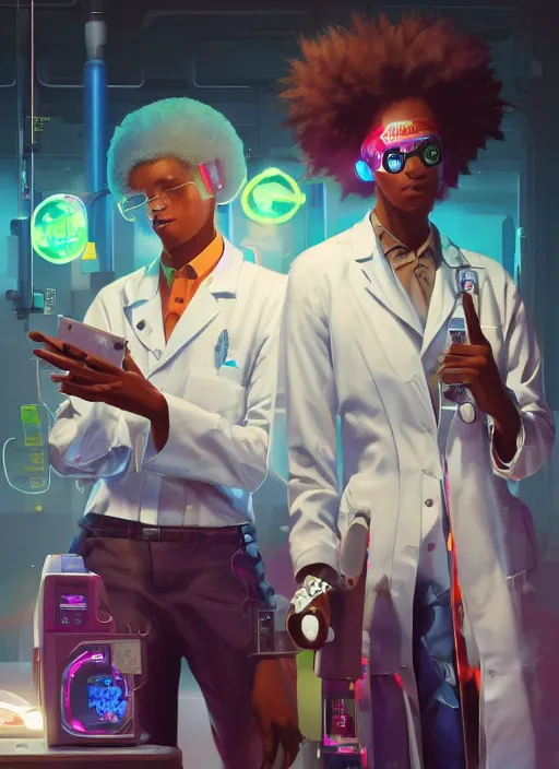 Prompt: afro - cyberpunk scientists in lab coats, cybernetic limbs and holograms, hacking the metaverse | hyperrealistic oil painting | by makoto shinkai, ilya kuvshinov, lois van baarle, rossdraws, basquiat | afrofuturism, in the style of hearthstone, trending on artstation | dark color scheme