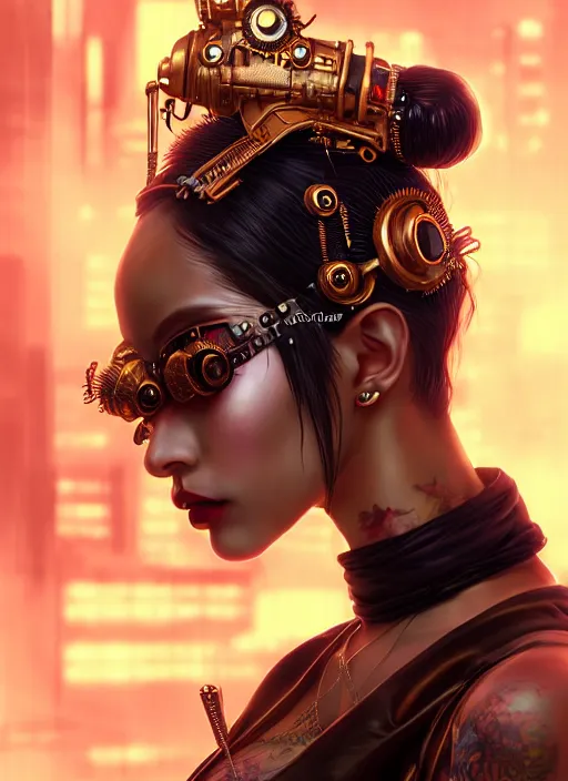 Image similar to soft lustrous seductive ebony geisha raver gutter punk steampunk cyborg, golden ratio, details, scifi, fantasy, cyberpunk city, intricate, decadent, highly detailed, octane render, digital painting, artstation, concept art, sharp focus, illustration, art by artgerm, loish, wlop