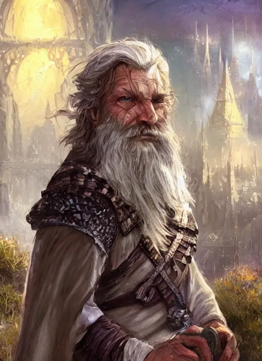 Image similar to poor beggar on the streets, bright, white, ultra detailed fantasy, dndbeyond, bright, colourful, realistic, dnd character portrait, full body, pathfinder, pinterest, art by ralph horsley, dnd, rpg, lotr game design fanart by concept art, behance hd, artstation, deviantart, hdr render in unreal engine 5