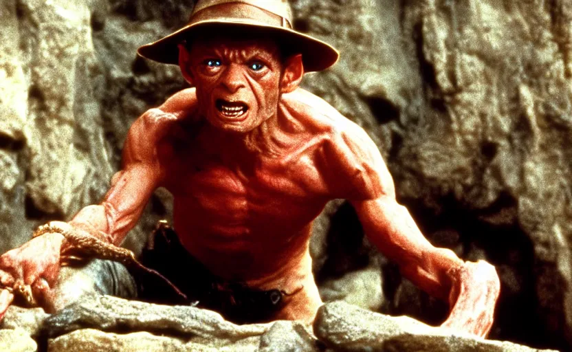 Image similar to a cinematic still of gollum as indiana jones in in indiana jones and the last crusade ( 1 9 8 9 ),