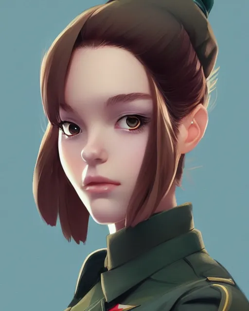 Image similar to young woman with shoulder length light brown hair and hazel eyes dressed in a sharp dark teal military uniform and beret, anime, ilya kuvshinov, greg rutkowski, guweiz, ross tran, loish, svetlana tigai, artgerm, artstation trending, concept art, digital painting