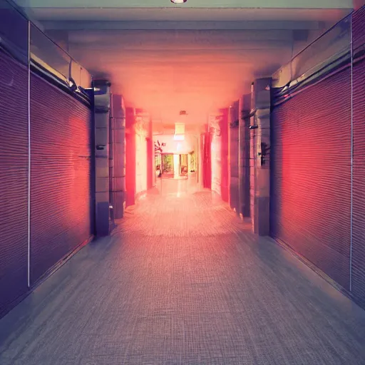 Prompt: noisy color photograph of a liminal space, wide hallways with high ceilings, technofuturism, minimalist, oddly familiar, cinematic, dramatic lighting, soft vintage glow