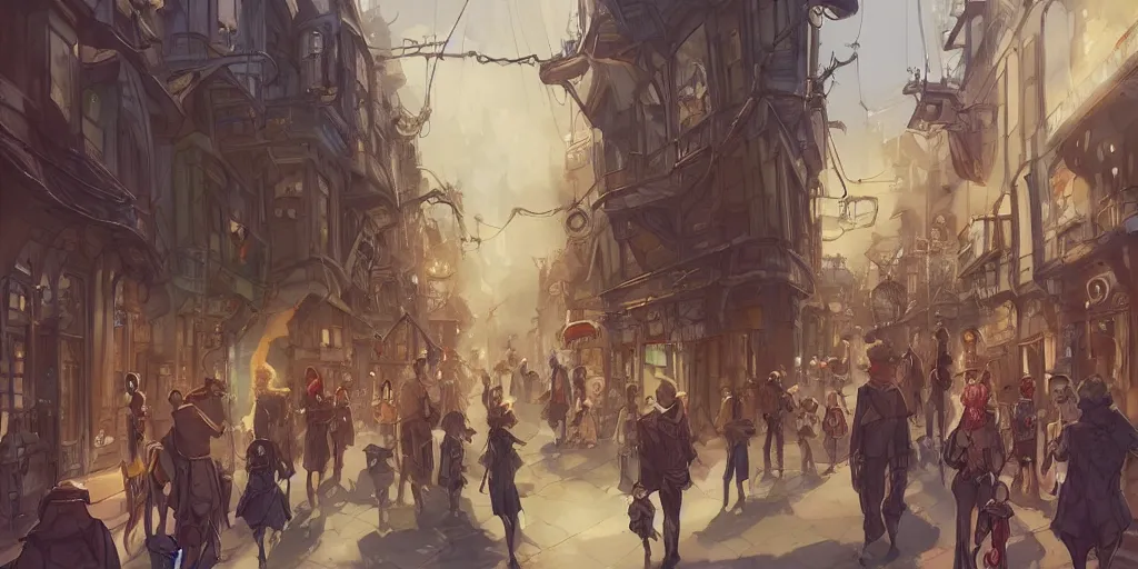 Prompt: a street of a big flying steam punk city full of people with strange costumes by Loish, artstation