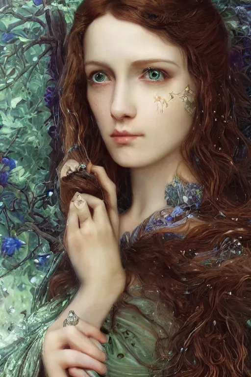 Image similar to An extremely beautiful pre-raphaelite portrait of a very beautiful and cute witch, surreal, ultradetailed, intricate, elegant, digital art painting, concept art, smooth, sharp focus, poster art, art cover illustration, regal, award winning picture, extremely detailed masterpiece, sense of awe, featured on artstation, Artgerm, effervescent punk kawaii-noir pastel bubbles, winning award piece, ethereal rainbows, Aetherpunk, low-key neon lightning, stormy weather, Exquisite details, 8K detail post-processing, matte, oil painting