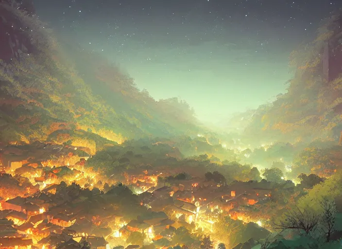 Image similar to concept art painting of a distant small woodland village at midnight, by a river in a mountain valley seen from above, night time, european japanese buildings, cel shaded, realistic, by makoto shinkai and moebius and anton fadeev and greg rutkowski and james gurney