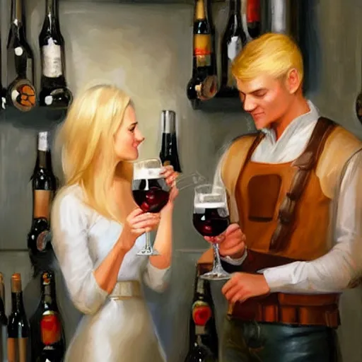 Image similar to blonde woman and Boba Fett drinking beer in a wine cellar, atmospheric, aphrodisiac, romantic, cozy, inviting, love, painting by Vladimir Volegov