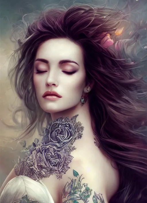 Image similar to a beautiful woman with closed eyes and tattoos, 8 k, sensual, hyperrealistic, hyperdetailed, beautiful face, long hair windy, dark fantasy, fantasy portrait by laura sava