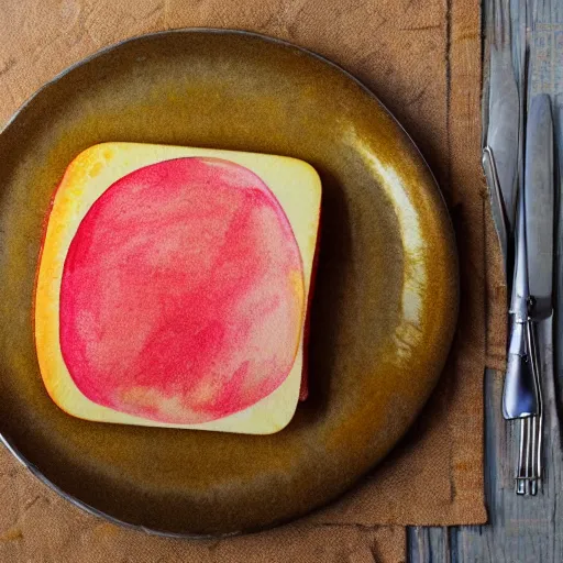 Image similar to bologna sandwich, plate, apple, watercolor, masterpiece