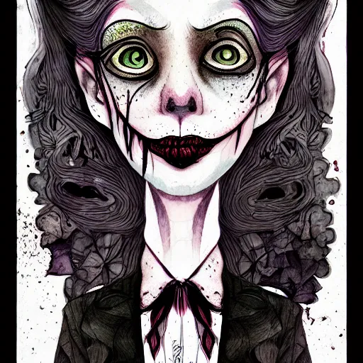 Prompt: a rotten smug exclusivists female, black ink line art and watercolor, intricate, digital painting, concept art, smooth, focus, rim light style tim burton