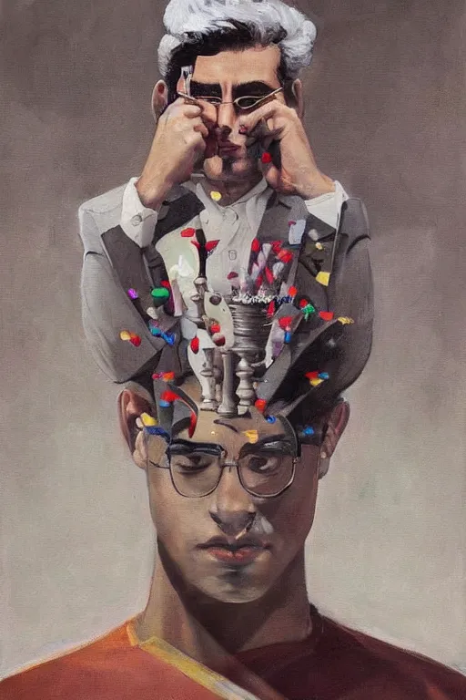 a painting of anish giri pondering over a chess board,, Stable Diffusion