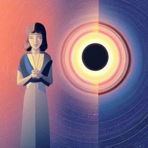 Image similar to closeup of a face with a glowing planet Saturn and earth spinning, the rings are glowing around the planet, the woman's hand reaching for the pendant, flat design, screen print by kawase Hasui and Dan hillier, 8k, artstation