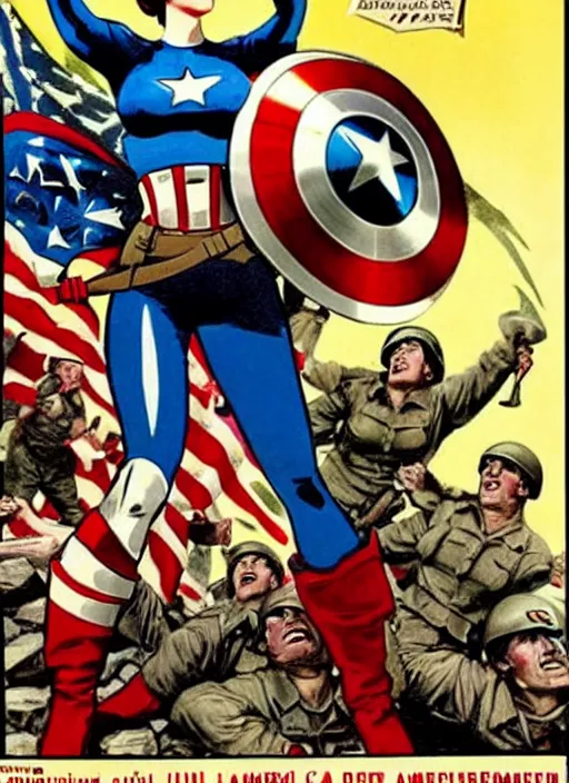 Prompt: beautiful female captain america standing on a pile of defeated, beaten and broken german soldiers. feminist captain america wins wwii. cheering american soldiers. american wwii propaganda poster by james gurney. gorgeous face. overwatch