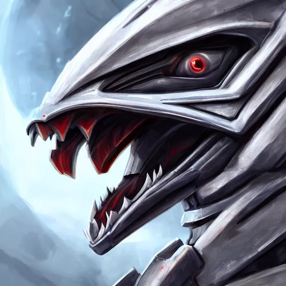 Image similar to high quality close up headshot of a cute beautiful stunning robot anthropomorphic female dragon, with sleek silver armor, a black OLED visor over the eyes, facing the camera, high quality dragon maw open and about to eat you, you being dragon food, the open maw being detailed and soft, highly detailed digital art, furry art, anthro art, sci fi, warframe art, destiny art, high quality, 3D realistic, dragon mawshot, furry mawshot, macro art, dragon art, Furaffinity, Deviantart