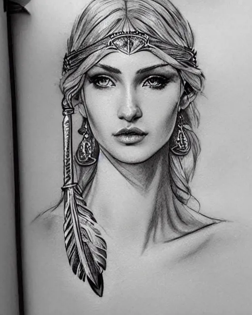 Image similar to tattoo sketch of beautiful greek goddess aphrodite with arrowhead earrings, beautiful feather jewelry, beautiful piercing eyes, flowing blonde hair, realistic face, hyper realistic, in the style of greg rutkowski, fantasy, amazing detail, epic, elegant, smooth, sharp focus, from the front