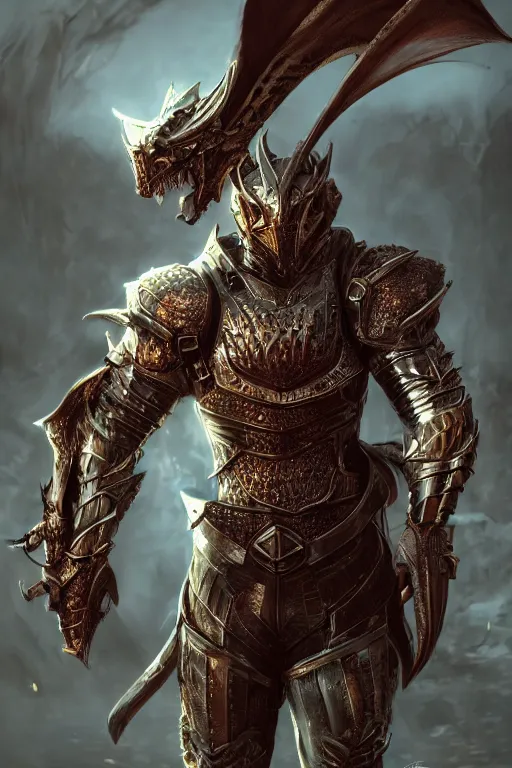 Prompt: full body portrait of a dragon knight, photorealistic art, hyper realism, dynamic lighting, reflections, ray tracing, 8k, cinematic, fantasy concept art