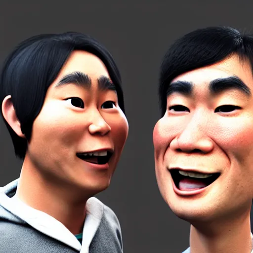 Prompt: asian man who can ’ t believe he ’ s holding a black twins, pixar, 3 d render, artstation, unreal engine