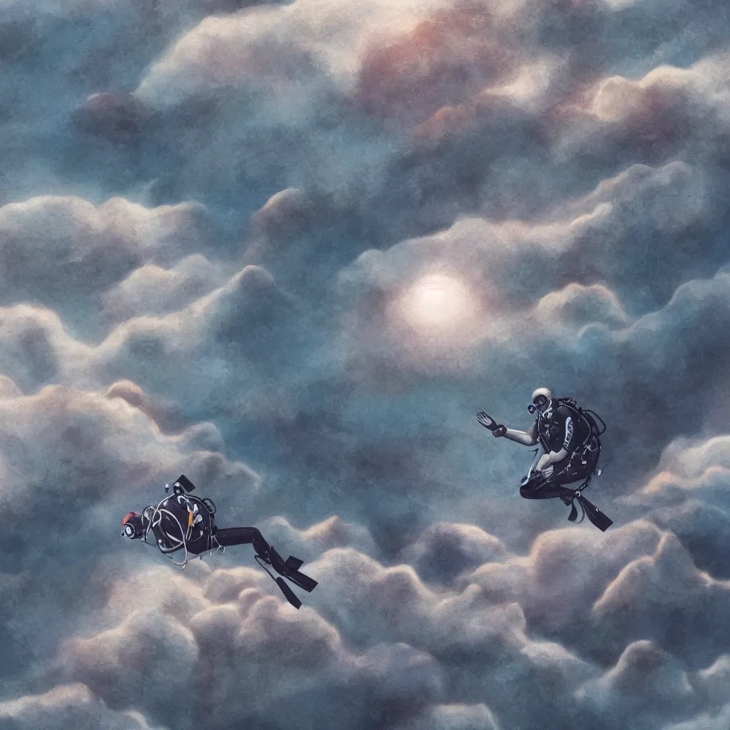 Image similar to a scubadiver floating above the clouds, closeup, digital illustration