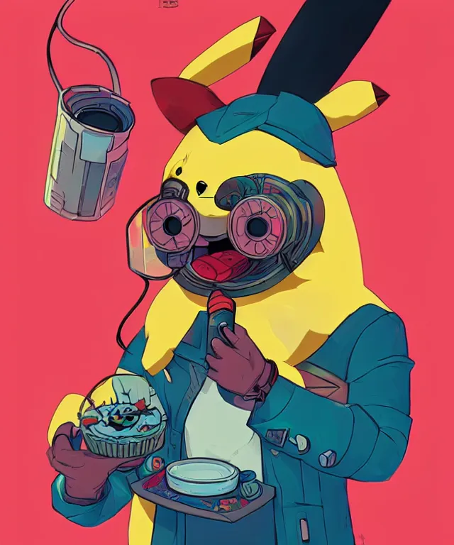 Image similar to a portrait of an anthropomorphic cyberpunk pikachu eating pie, cyberpunk!, fantasy, elegant, digital painting, artstation, concept art, matte, sharp focus, illustration, art by josan gonzalez