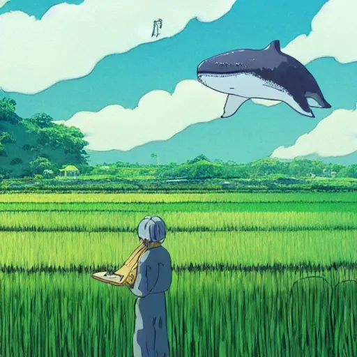 Image similar to a giant whale in a rice farm by Studio ghibli, concept art, golden ratio