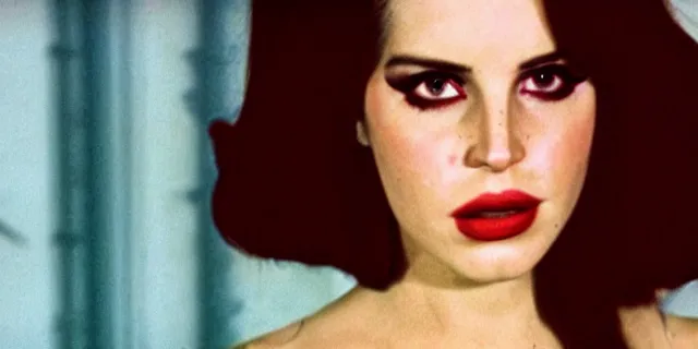 Image similar to lana Del Rey as a serial killer, video still, 80s home video