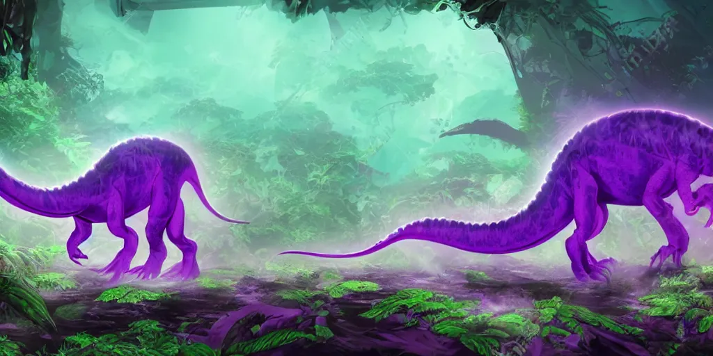 Prompt: spectral purple neon ghost dinosaur, green jungle background, detailed, ultrawide landscape, concept art