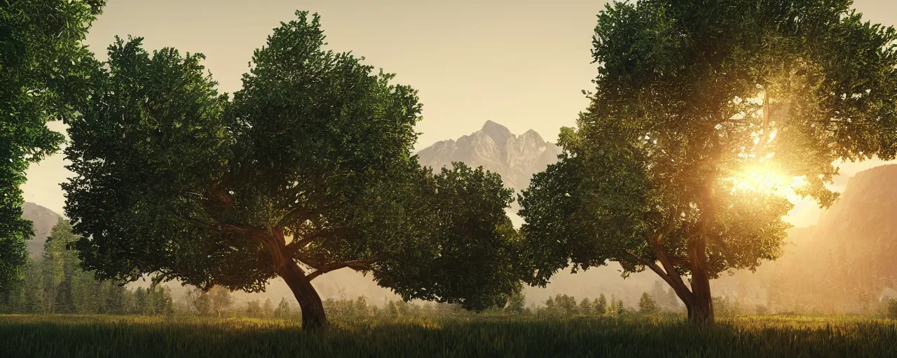 Image similar to big realistic tree near to a river on sunset with reflection on the leaves and mountains in the background, landscape, extremely high fidelity, 8 k, super resolution, concept art, cinematic view, super resolution, unreal engine 5, perspective 3 d octane render, light rays, lens flare, epic, hyperdetailed